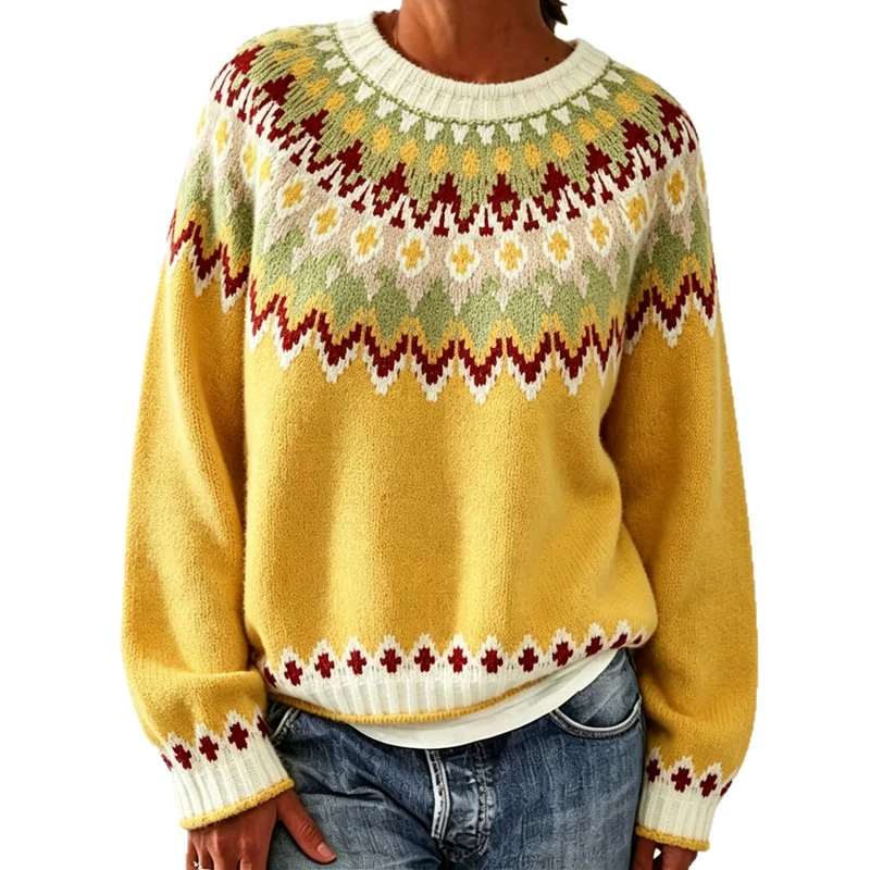 Damen Rundhalsausschnitt Norweger-Pullover mit Fair-Isle-Jacquard Drune