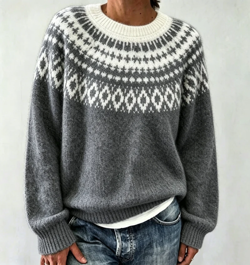 Damen Rundhalsausschnitt Norweger-Pullover mit Fair-Isle-Jacquard Drune