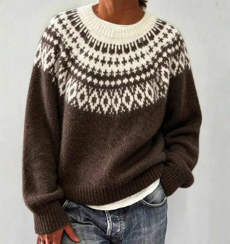 Damen Rundhalsausschnitt Norweger-Pullover mit Fair-Isle-Jacquard Drune
