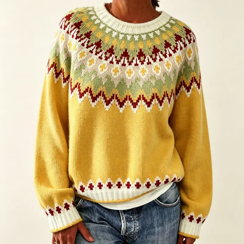 Damen Rundhalsausschnitt Norweger-Pullover mit Fair-Isle-Jacquard Drune