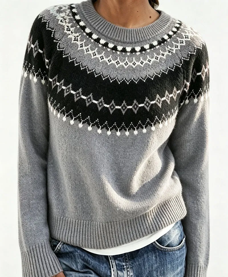 Damen Rundhalsausschnitt Norweger-Pullover mit Fair-Isle-Jacquard Drune