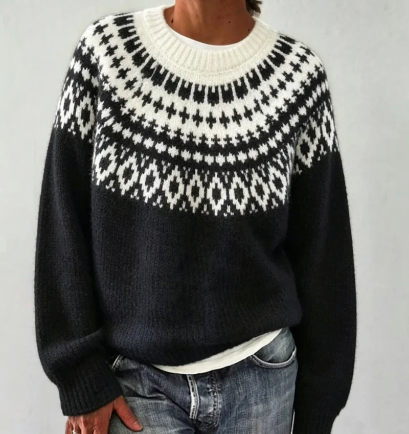 Damen Rundhalsausschnitt Norweger-Pullover mit Fair-Isle-Jacquard Drune