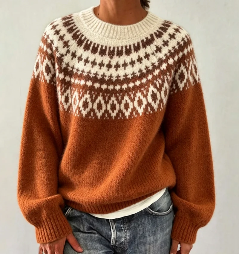 Damen Rundhalsausschnitt Norweger-Pullover mit Fair-Isle-Jacquard Drune