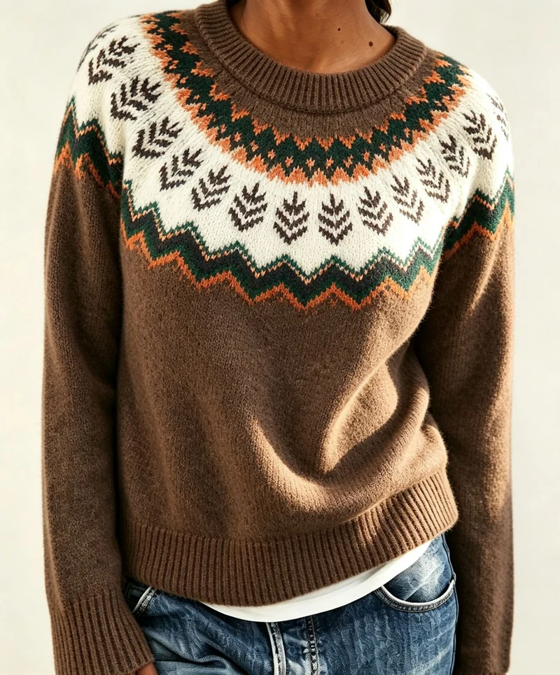 Damen Rundhalsausschnitt Norweger-Pullover mit Fair-Isle-Jacquard Drune