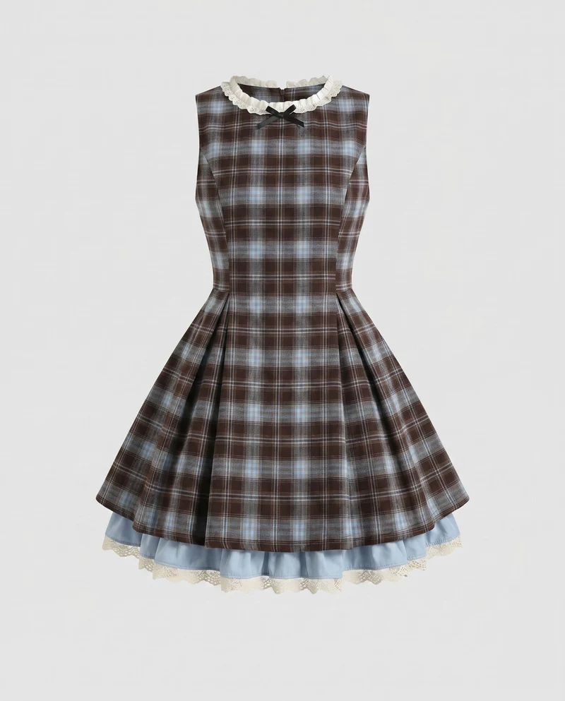 Damen Kleid mit kariertem Oberteil und fließendem Rock
