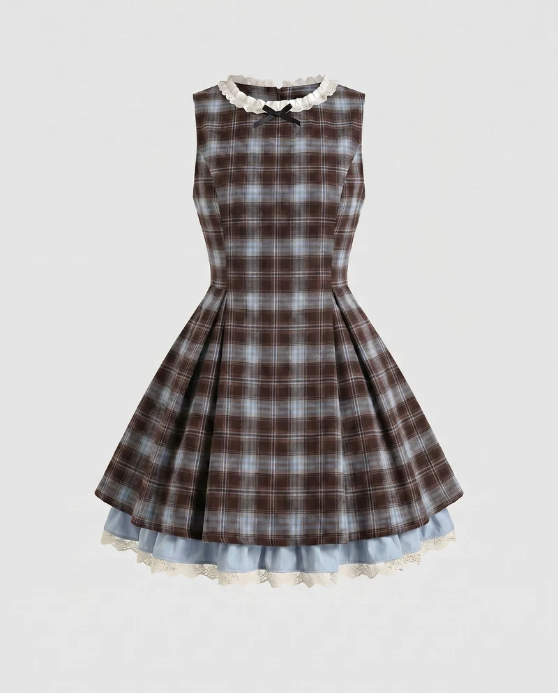 Damen Kleid mit kariertem Oberteil und fließendem Rock