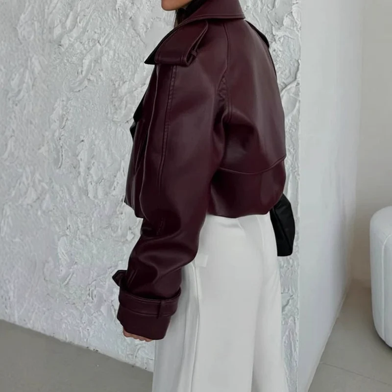 Damen modische Kunstlederjacke mit oversized Schnitt und breitem Kragen Drune