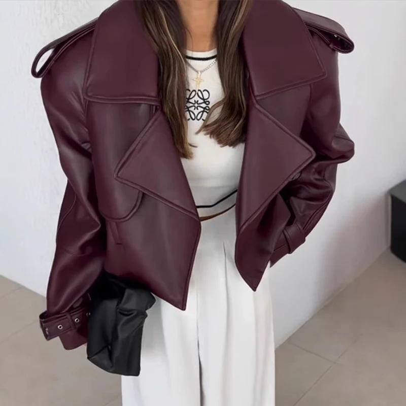 Damen modische Kunstlederjacke mit oversized Schnitt und breitem Kragen Drune