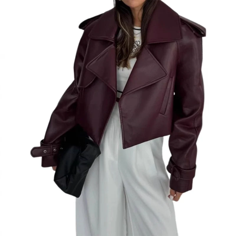 Damen modische Kunstlederjacke mit oversized Schnitt und breitem Kragen Drune