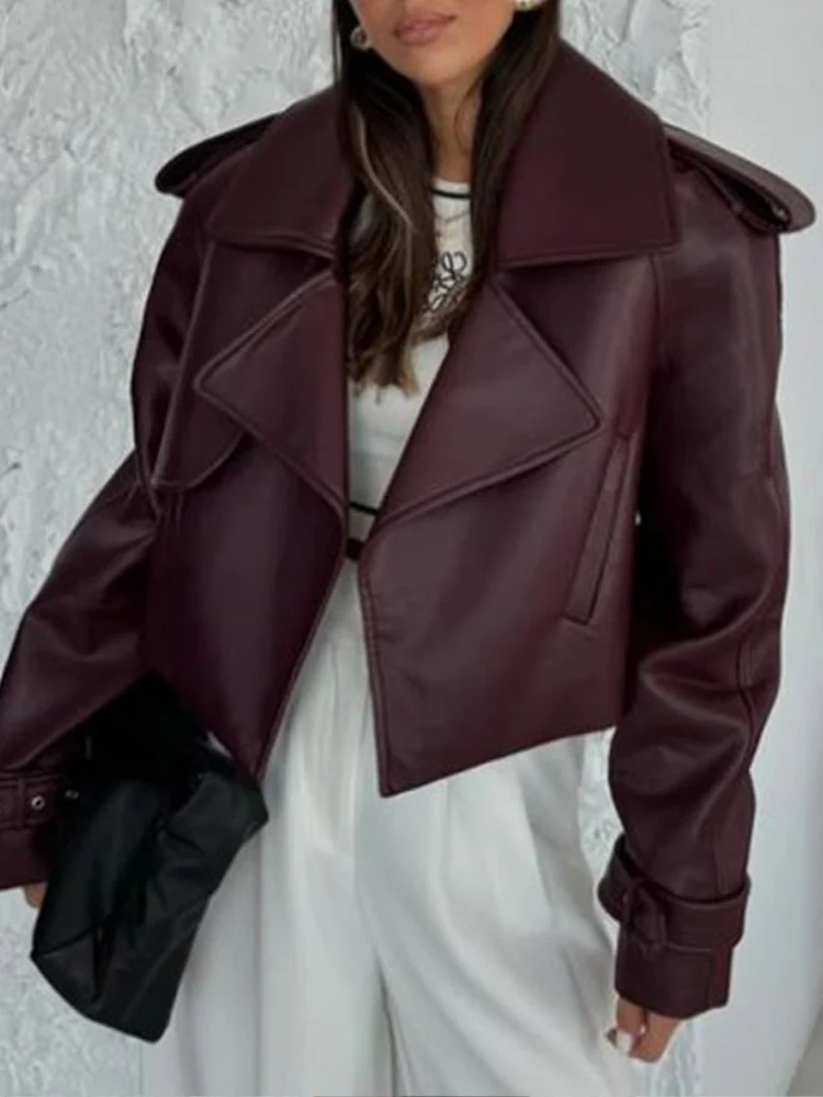 Damen modische Kunstlederjacke mit oversized Schnitt und breitem Kragen Drune