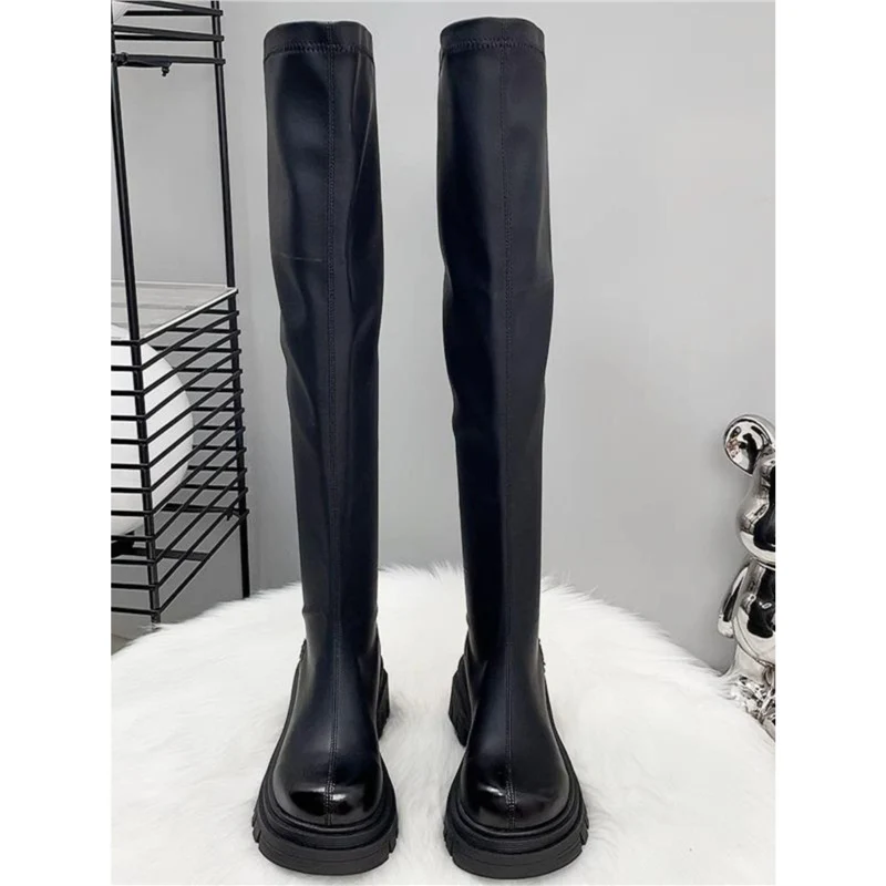 Damen Oberschenkelhohe Stretch-Stiefel mit schlankem Schaft und geformter Plateau-Sohle Drune