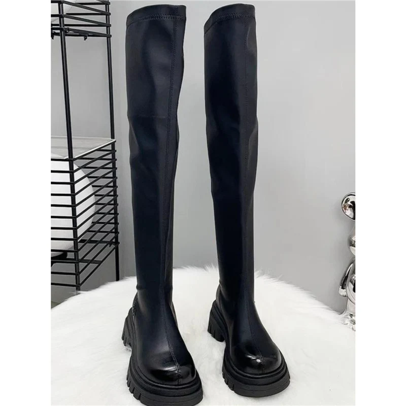 Damen Oberschenkelhohe Stretch-Stiefel mit schlankem Schaft und geformter Plateau-Sohle Drune