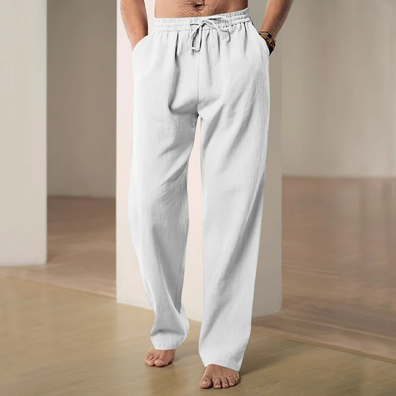 Herren nan leichte Relaxhose aus Leinenmix mit elastischem Tunnelzugbund und geradem Bein Drune