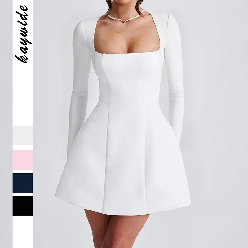 Damen nan tailliertes A-Linien Minikleid mit quadratischem Ausschnitt und langen Ärmeln Drune