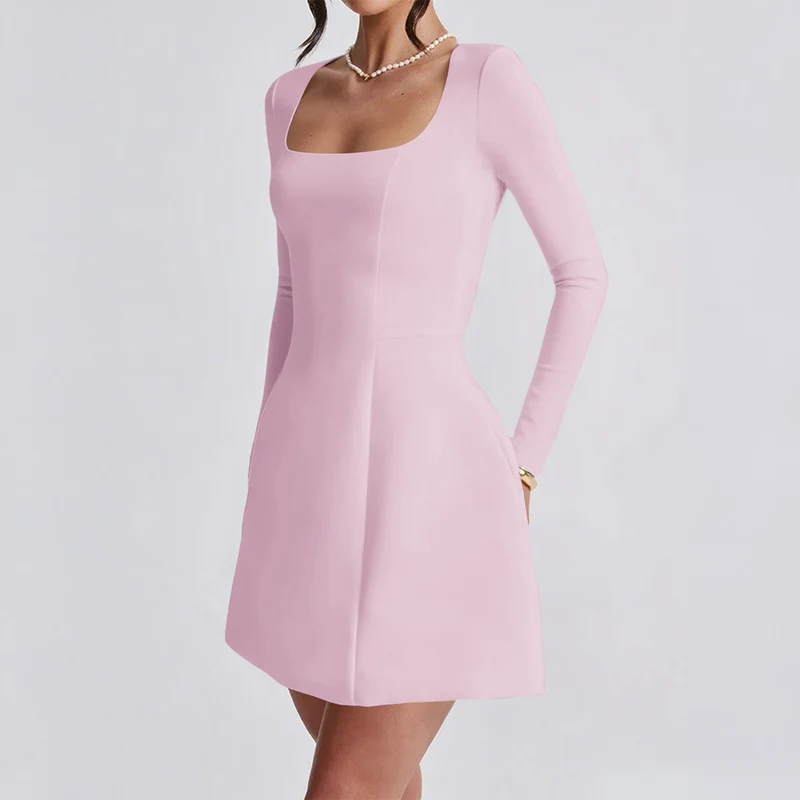 Damen nan tailliertes A-Linien Minikleid mit quadratischem Ausschnitt und langen Ärmeln Drune
