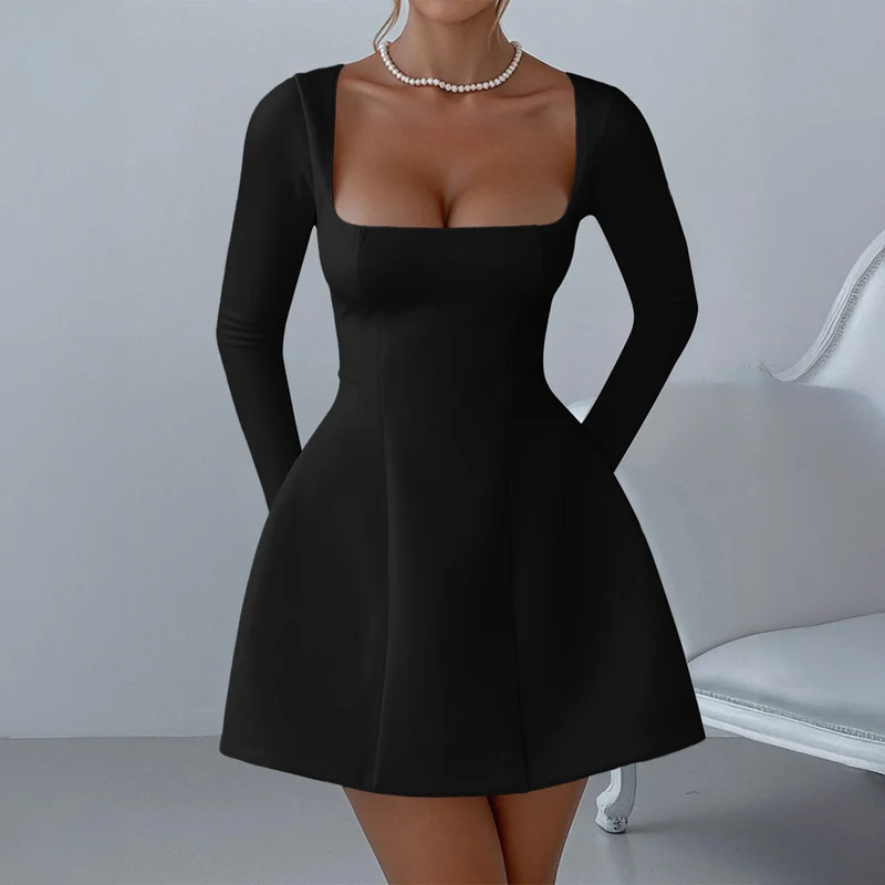 Damen nan tailliertes A-Linien Minikleid mit quadratischem Ausschnitt und langen Ärmeln Drune