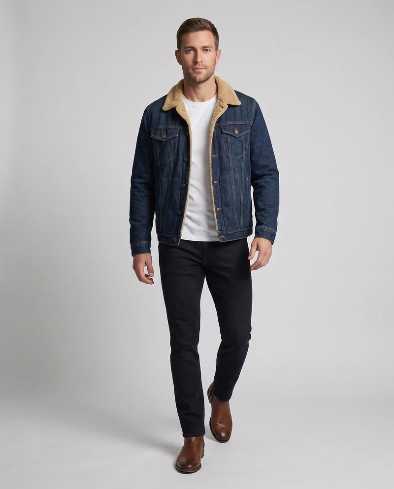 Herren Freizeit Denim Jacke mit Teddy-Fütterung Drune