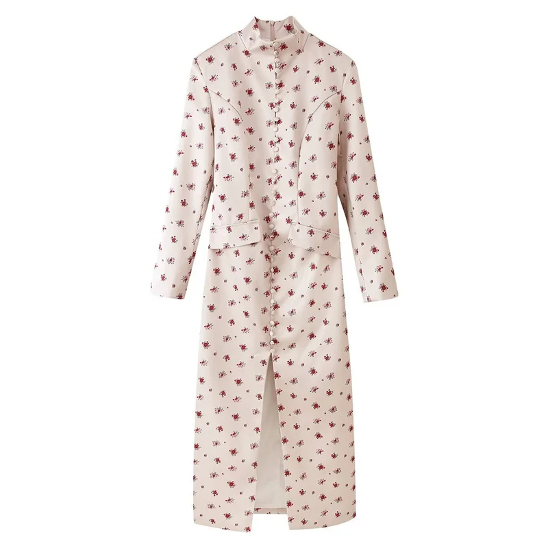 Damen Midikleid mit Stehkragen, floraler Allover‑Print und verdeckter Knopfleiste Drune