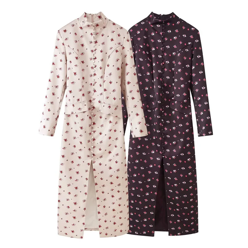Damen Midikleid mit Stehkragen, floraler Allover‑Print und verdeckter Knopfleiste Drune