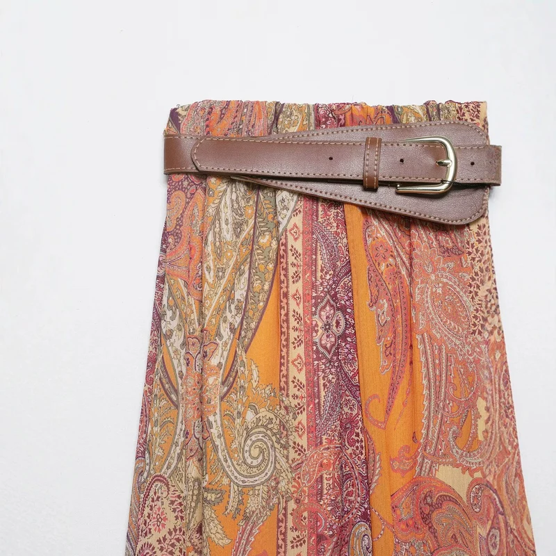 Damen Maxirock mit Paisley‑Print, fließendem A‑Linien‑Schnitt und Taillengürtel Drune