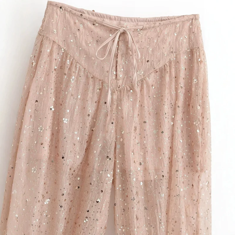 Damen locker geschnittene Pailletten-Hose mit Tunnelzug und Gummibündchen Drune