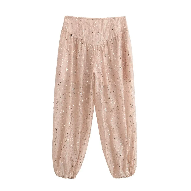 Damen locker geschnittene Pailletten-Hose mit Tunnelzug und Gummibündchen Drune