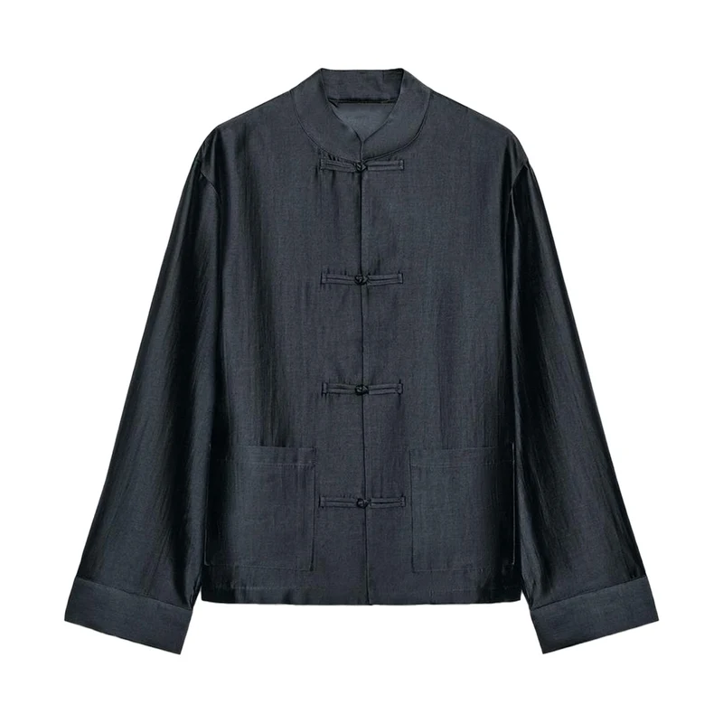 Damen Locker geschnittene Jacke mit Mandarinkragen und Knotenverschlüssen Drune