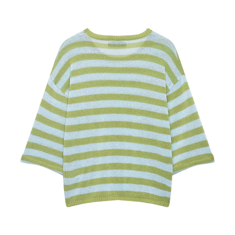 Damen Leichter gestreifter Boxy-Kurzpullover mit überschnittenen Ärmeln Drune