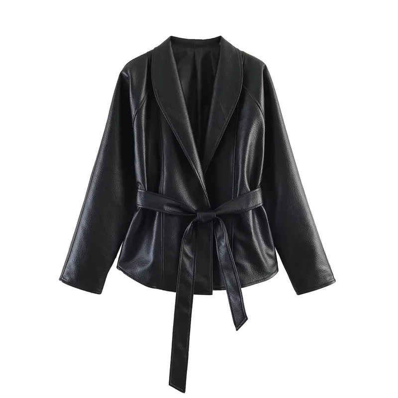 Damen Lederoptik-Wickeljacke mit Bindegürtel Drune