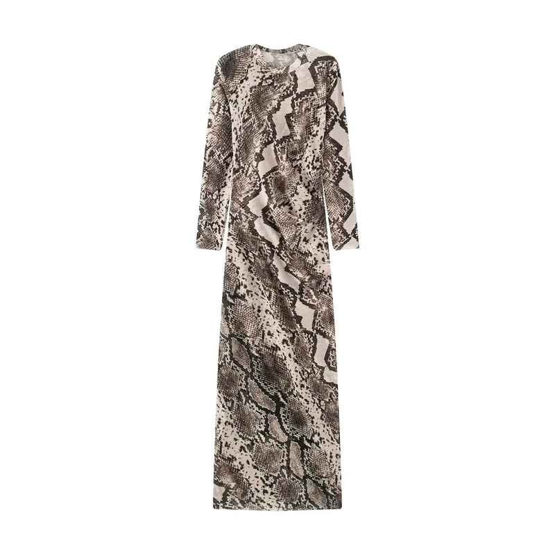 Damen Langes Bodycon-Maxikleid mit Rundhals und Schlangenprint Drune