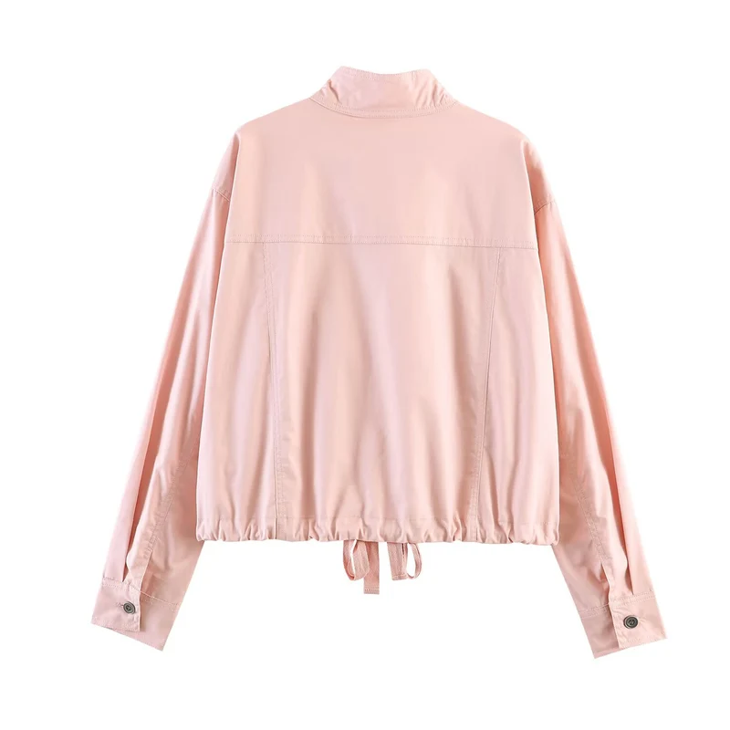 Damen Kurzjacke im Safari‑Stil mit Stehkragen, Kängurutaschen und Kordelzug Drune