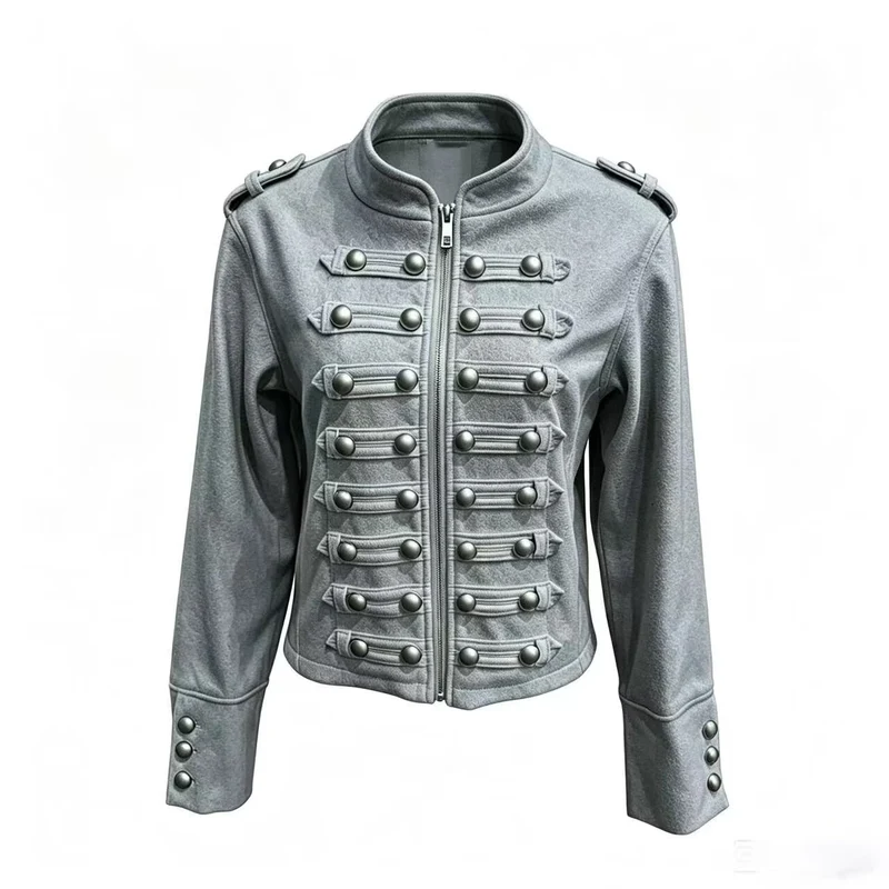 Damen Kurzjacke im Military‑Stil mit Stehkragen, Zierknopfleiste und Schulterklappen Drune
