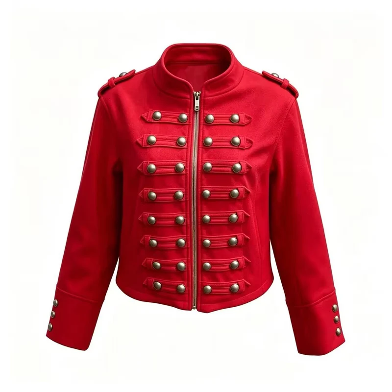 Damen Kurzjacke im Military‑Stil mit Stehkragen, Zierknopfleiste und Schulterklappen Drune