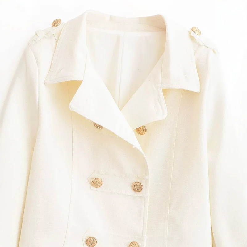 Damen Kurzjacke im Military‑Stil, Doppelreiher mit Epauletten und Goldknöpfen Drune
