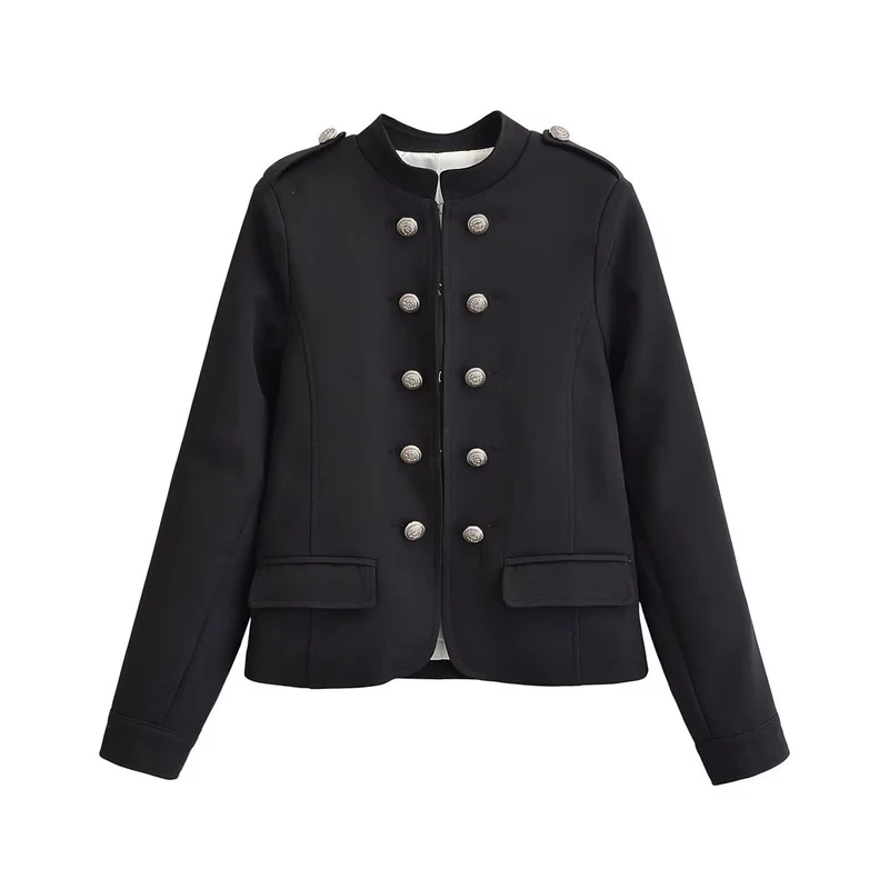 Damen Kurzer Stehkragen-Blazer mit doppelter Zierknopfleiste und Epauletten Drune