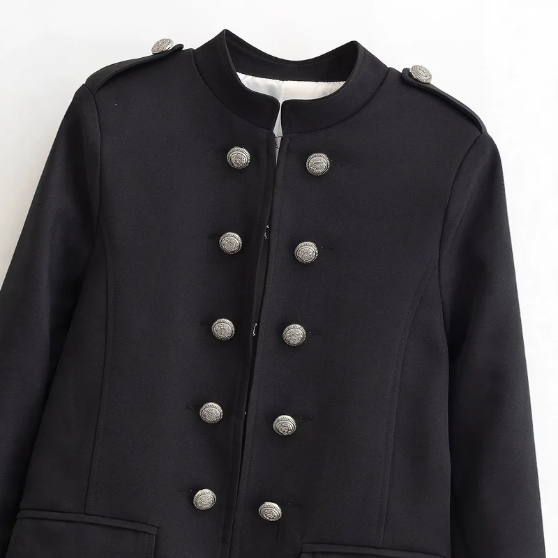 Damen Kurzer Stehkragen-Blazer mit doppelter Zierknopfleiste und Epauletten Drune