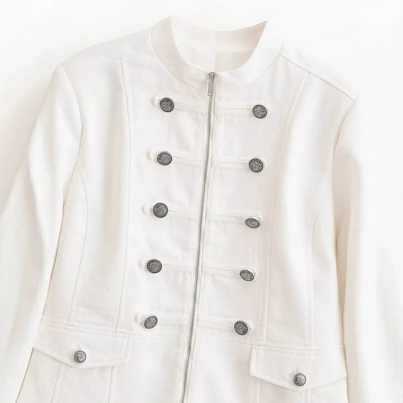 Damen Kurze Uniformjacke mit Stehkragen, Zierriegeln und Metallknopf‑Detail Drune