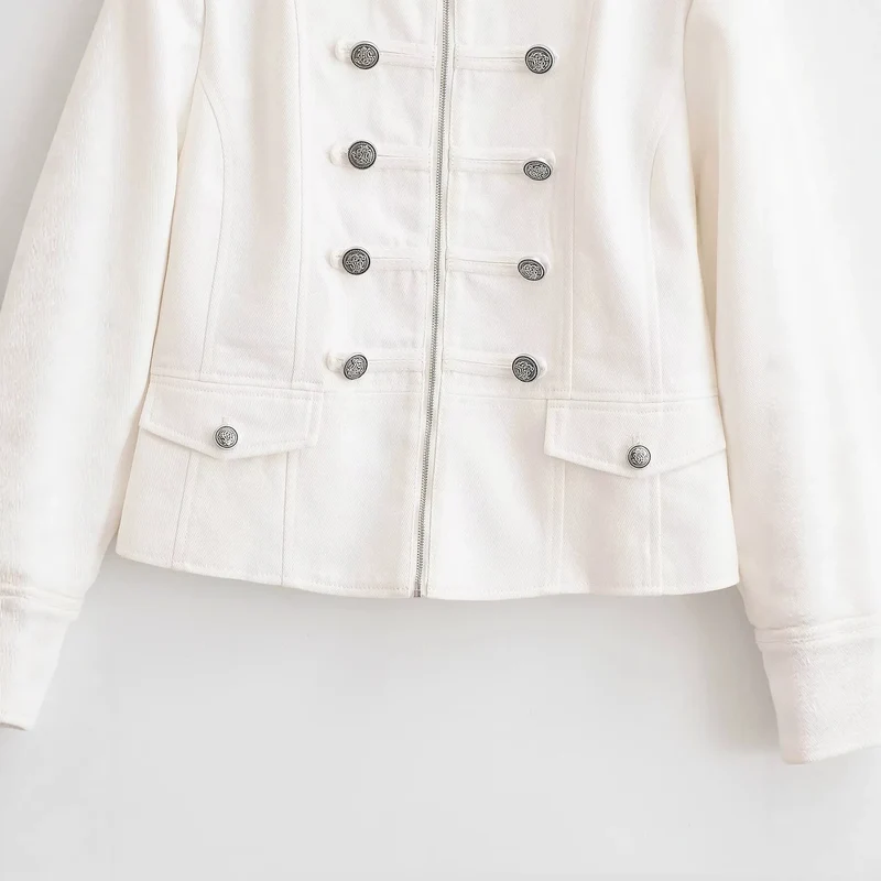 Damen Kurze Uniformjacke mit Stehkragen, Zierriegeln und Metallknopf‑Detail Drune