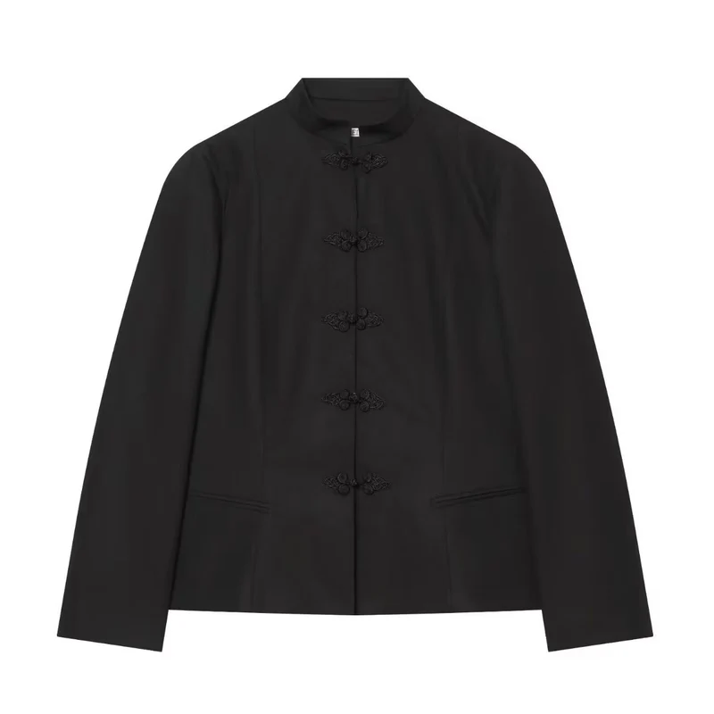 Damen Kurze taillierte Jacke mit Mandarin-Kragen und dekorativen Knotenverschlüssen Drune