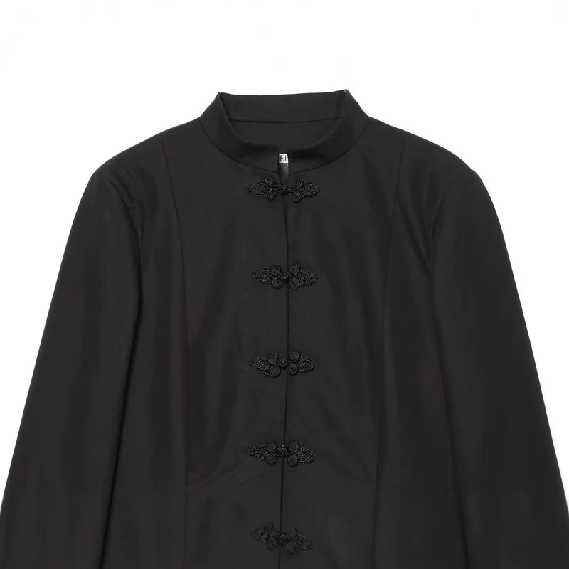 Damen Kurze taillierte Jacke mit Mandarin-Kragen und dekorativen Knotenverschlüssen Drune
