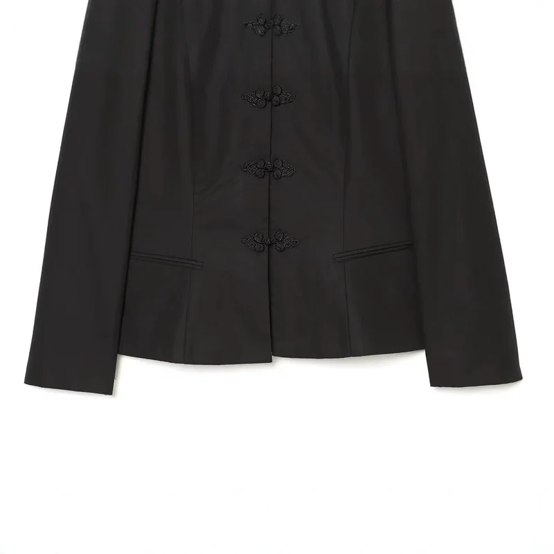 Damen Kurze taillierte Jacke mit Mandarin-Kragen und dekorativen Knotenverschlüssen Drune