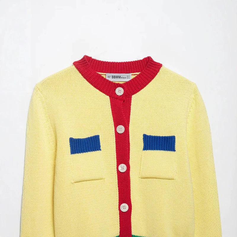 Damen Kurze Strickjacke mit Kontrastblende und Zierbrusttaschen Drune