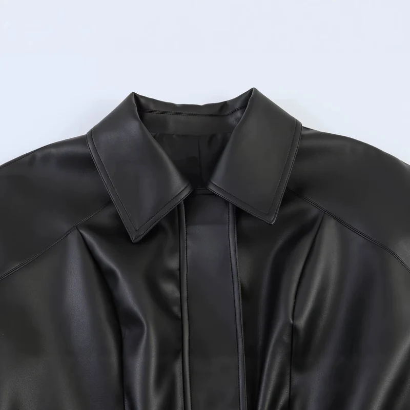Damen Kurze Kunstlederjacke mit Taillengürtel und Oversized-Ärmeln Drune