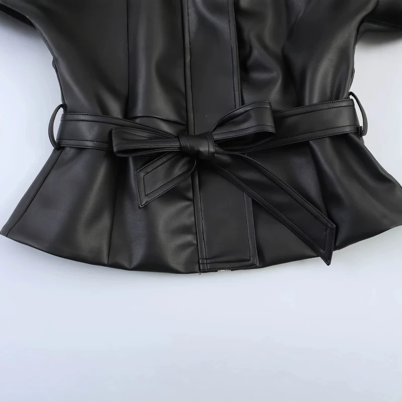 Damen Kurze Kunstlederjacke mit Taillengürtel und Oversized-Ärmeln Drune