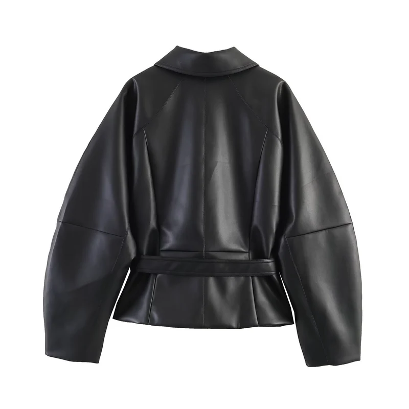 Damen Kurze Kunstlederjacke mit Taillengürtel und Oversized-Ärmeln Drune