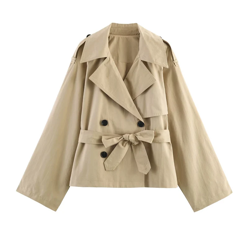 Damen Kurze Cape‑Trenchjacke mit doppelreihiger Knopfleiste und Bindegürtel Drune