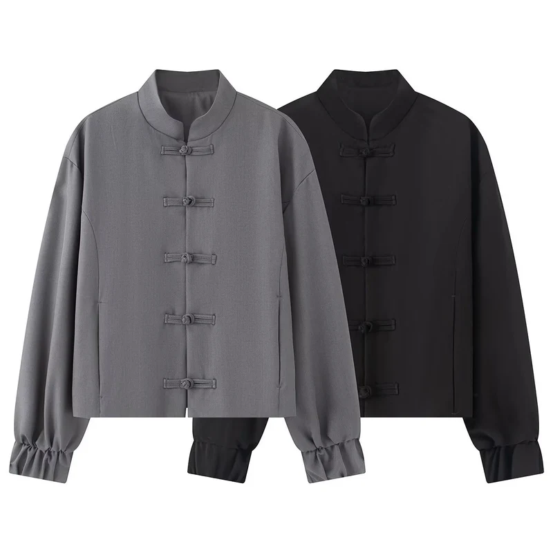 Damen Kurze Boxy‑Jacke mit Stehkragen und Knotenverschluss-Details Drune