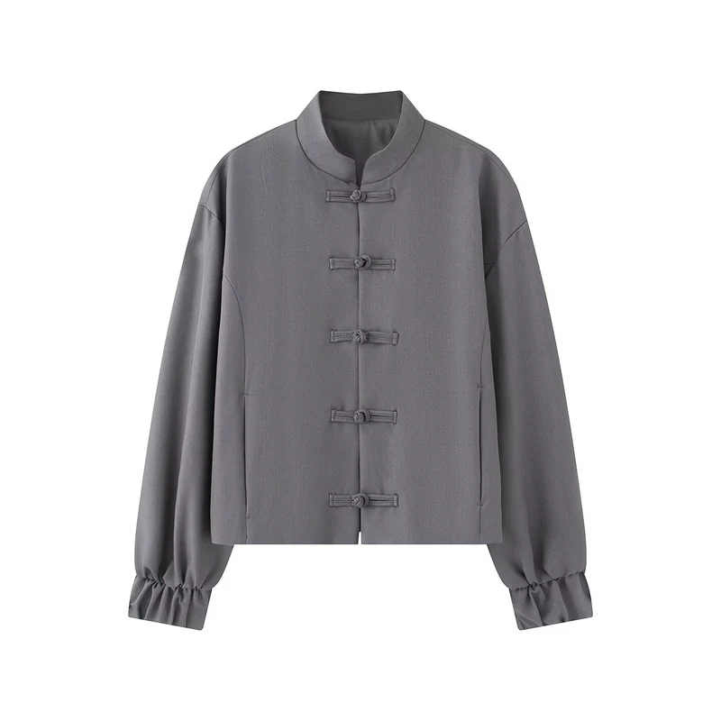 Damen Kurze Boxy‑Jacke mit Stehkragen und Knotenverschluss-Details Drune