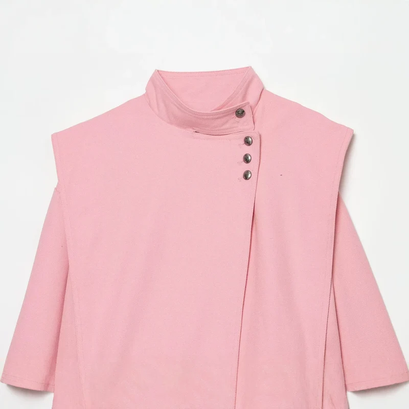 Damen kurze Boxy-Jacke mit Stehkragen und asymmetrischer Knopfleiste Drune