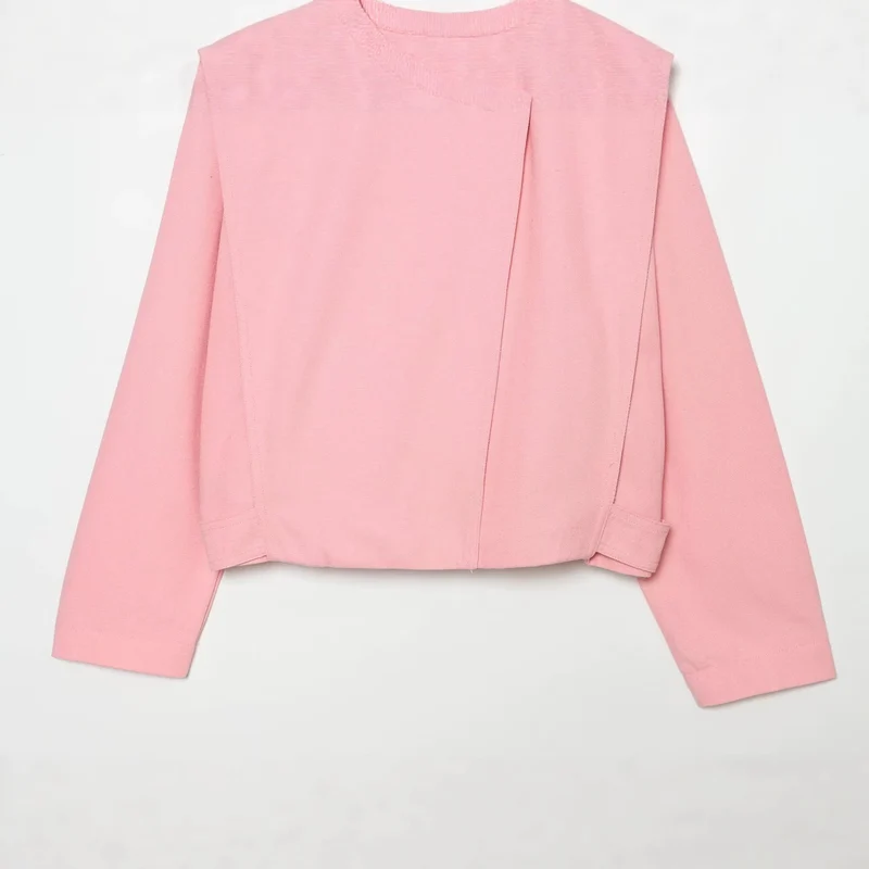 Damen kurze Boxy-Jacke mit Stehkragen und asymmetrischer Knopfleiste Drune
